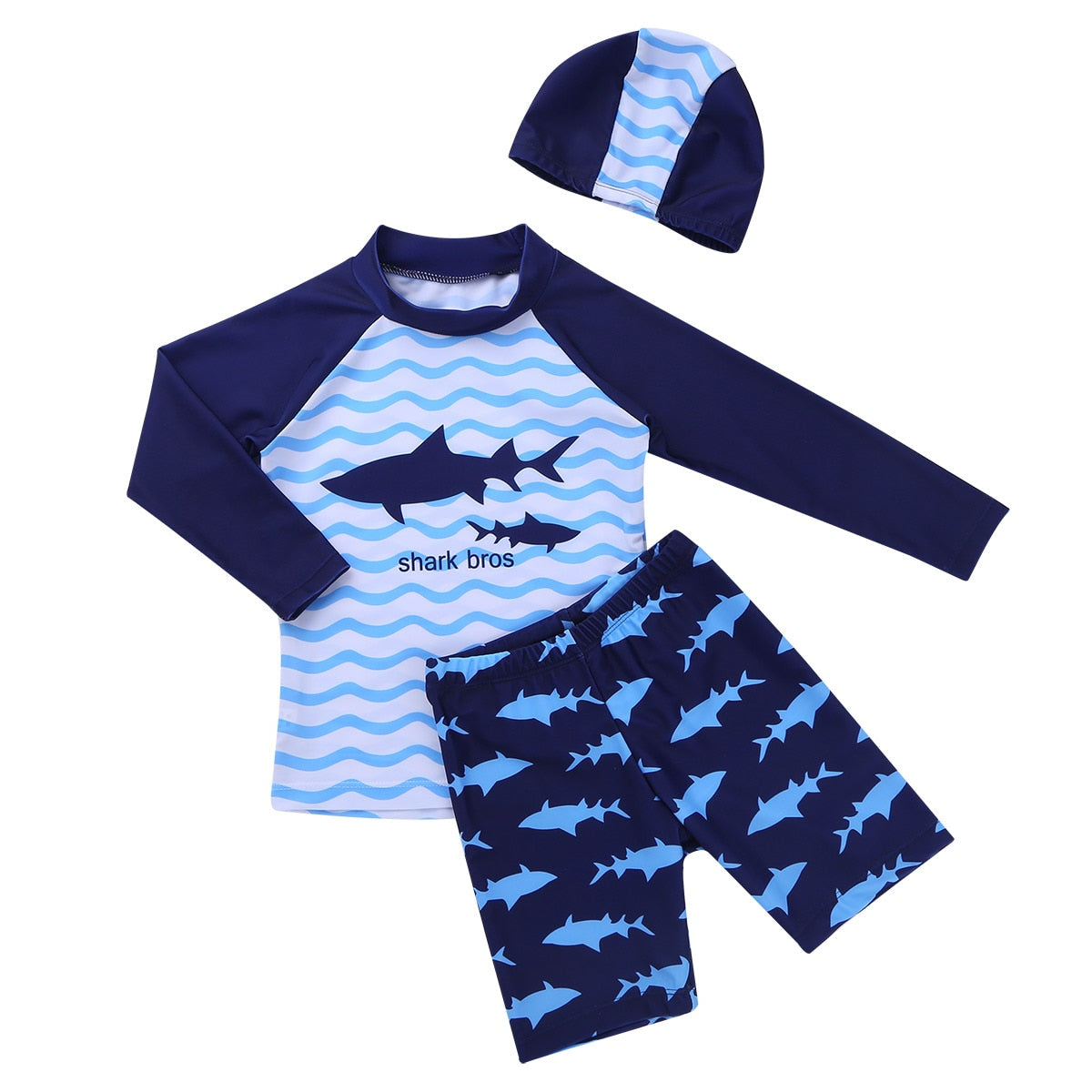 Kids Boys 3PCS Tankini Swimwear Long Sleeves Shark Pattern Swimsuit Set For Boys