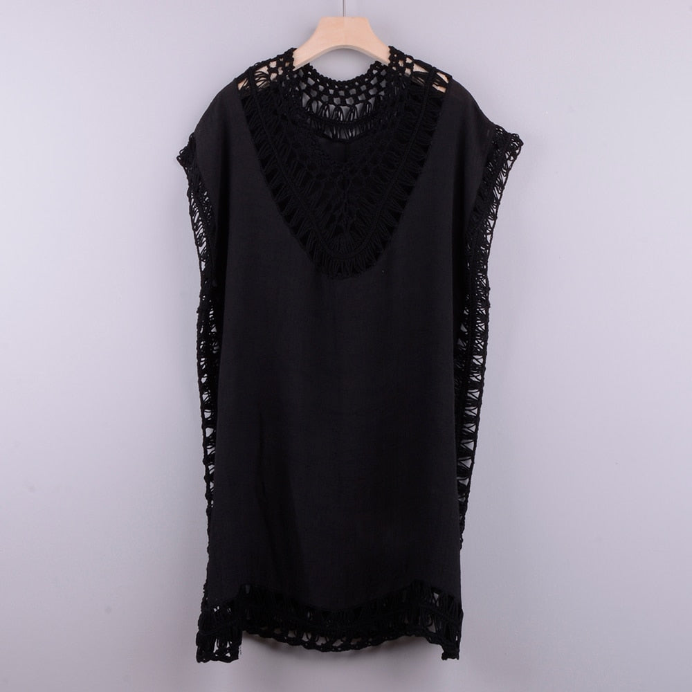 Women  Beach Cover Up Dress Solid Blouse Lace Fishnet Beachwear Cover-Up