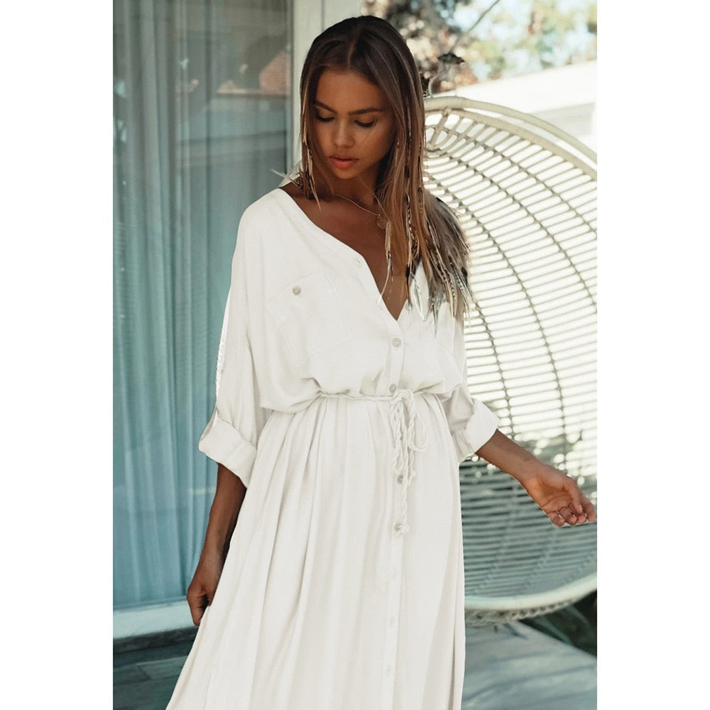 Women Cover-Ups Elegant Hollow Out Deep V-neck White Cotton Summer Swim Suit Cover Up