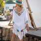 Women White Bikini Cover Up With Fringe Trim Hollow Tunic  Summer Beachwear