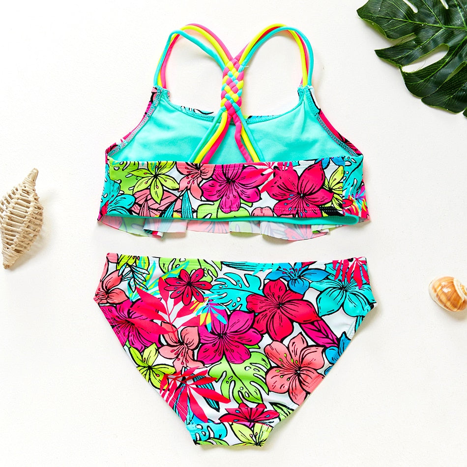 4-18 Years Swimsuit For Girls Plus Size Swimwear Two Piece  Swimsuits Kids Floral Cross Tie Bathing Suit Swimwear