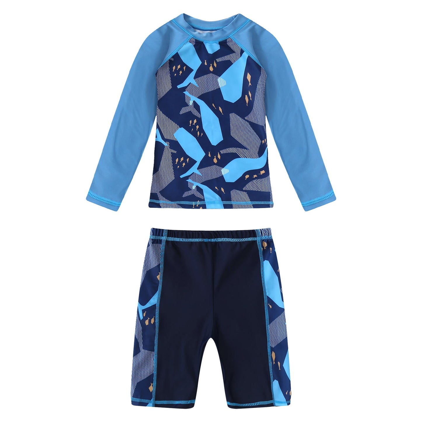Kids Boys Swimming Suit Round Neck Long Sleeves Cartoon Shark Fish Waves Print Tops Shorts Swimming Set