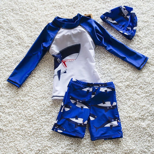 boys 3pcs long sleeve swimsuit with swim caps for boy blue color shark printed beach wear