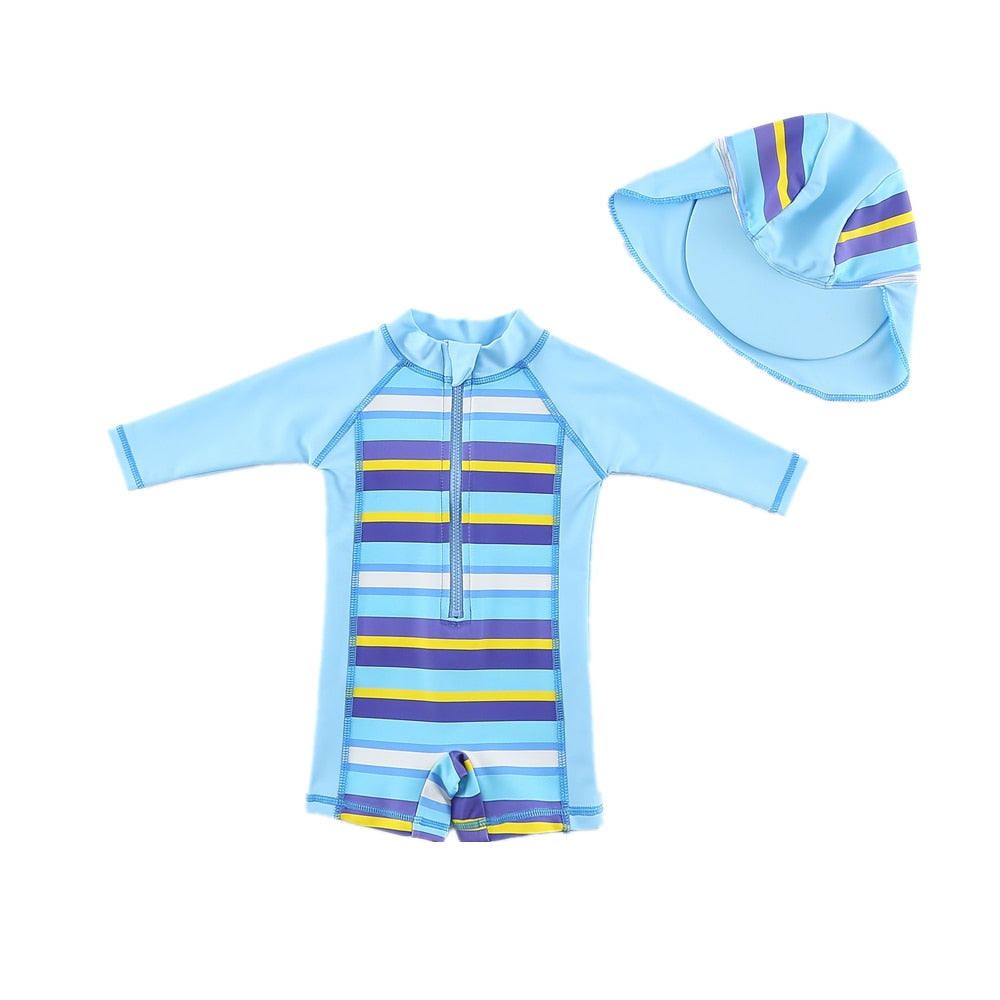 Toddler boys Round Neck Striped Swimsuit With Cap Sun Protection Beach Wear