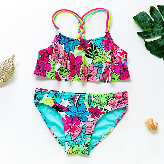Girls Floral Printing Ruffle Flounce Two Piece Swimsuits Multi Strps Bikinis