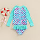 Baby Girl Two Piece Swimsuit Fashion Mermaid Print Long Sleeve Tops and Ruffles Shorts Swimsuits