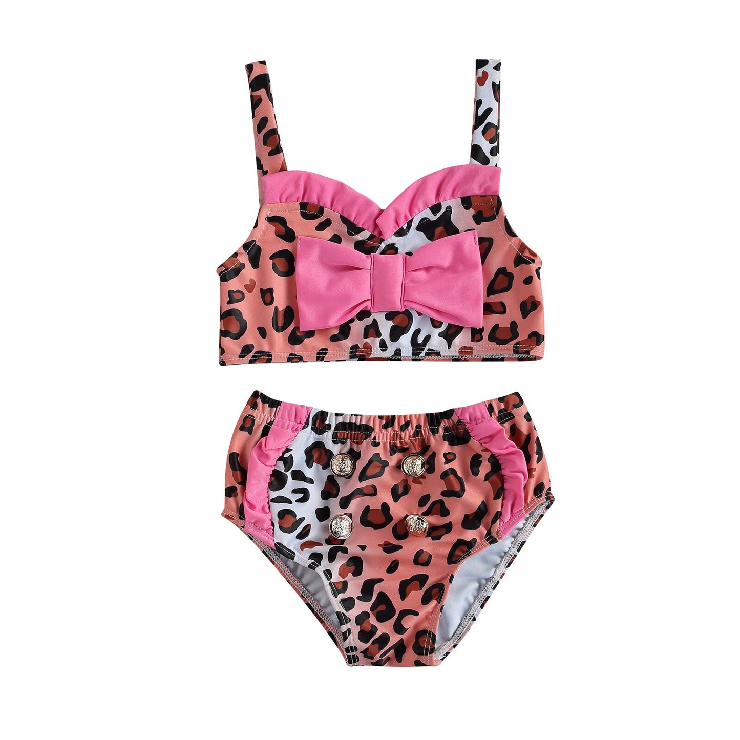 Toddler Kids Baby Girls Two Pieces Swimsuits Cute Leopard Print Bowknot Strap Bikini Tops+Bottoms Newborn Girl Swimwear 0-4Y
