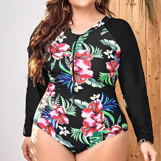Women Long Sleeve Swimsuit One Piece Large Size Printed Swimwear Beachwear Summer Bathing Suit 4XL