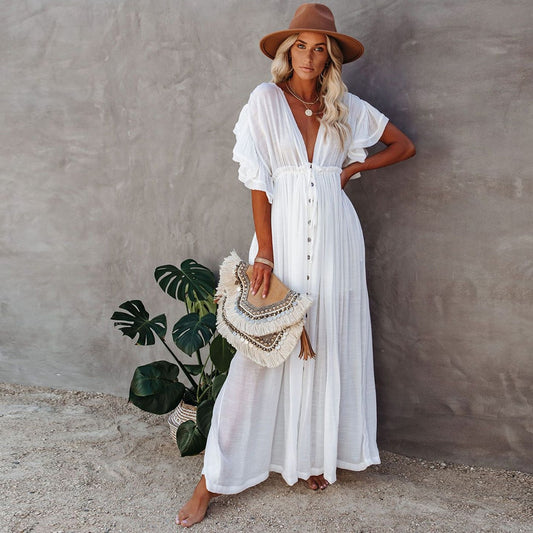 Women Swimsuit Cover Ups Mandarin Sleeve Kaftan Beach  Dress  Solid White Beach Cover-ups