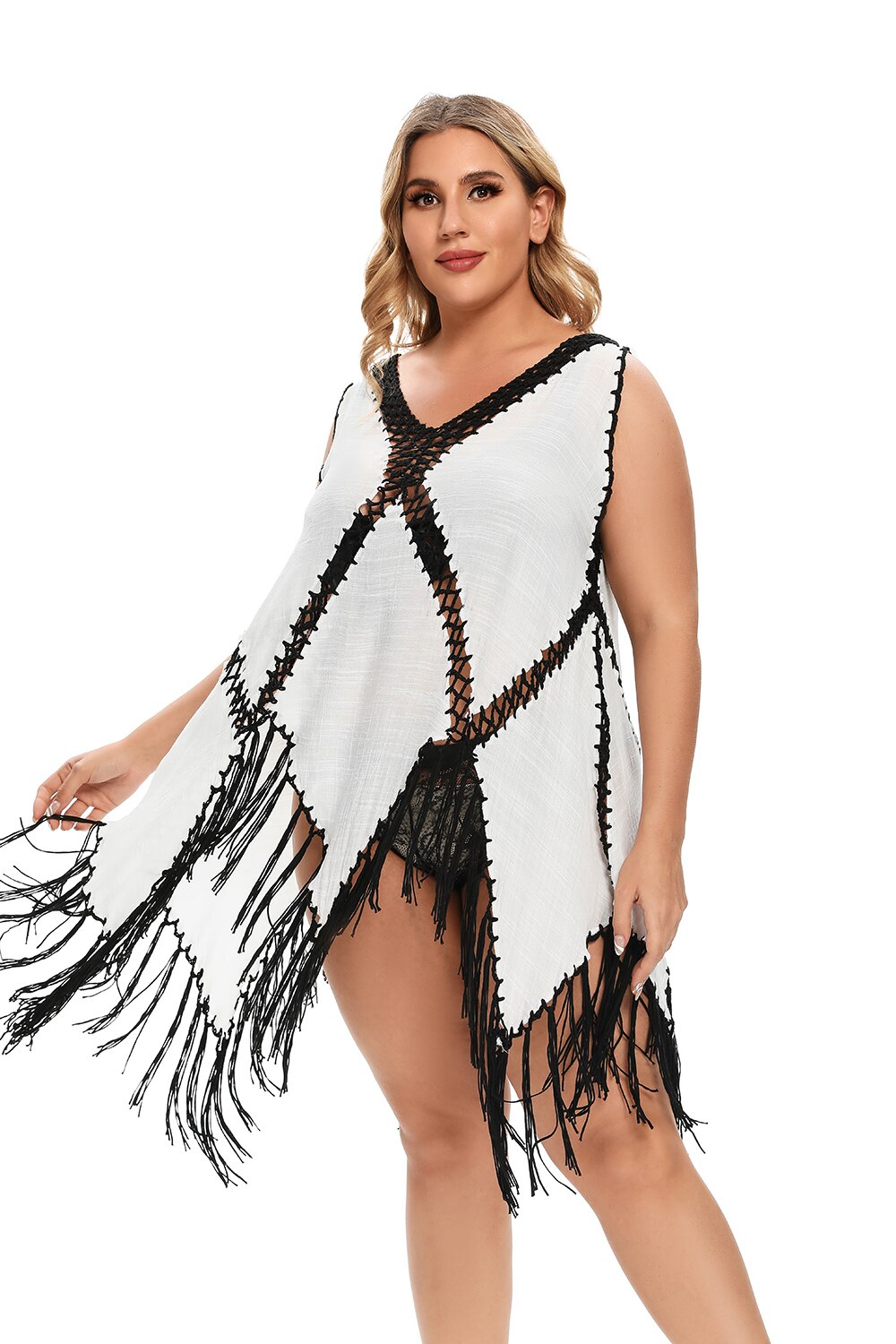 Women Plus Size Beach Cover Up Crochet Tassel V-neck Halter Beach Dress