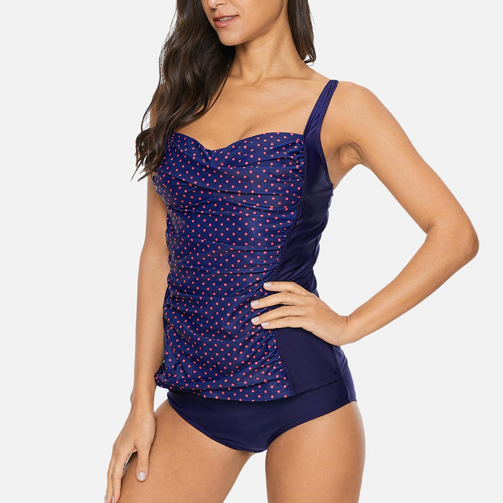 Women Tankini Set Solid Color with small polka dots Vintage Cross Swimwear