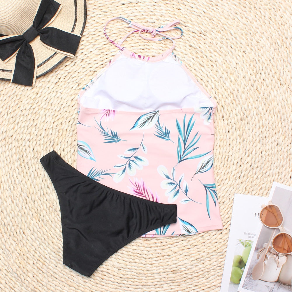 Women  Floral Printed Swimsuit Two Piece Swimwear Vintage Summer Classical Slim Tankinis