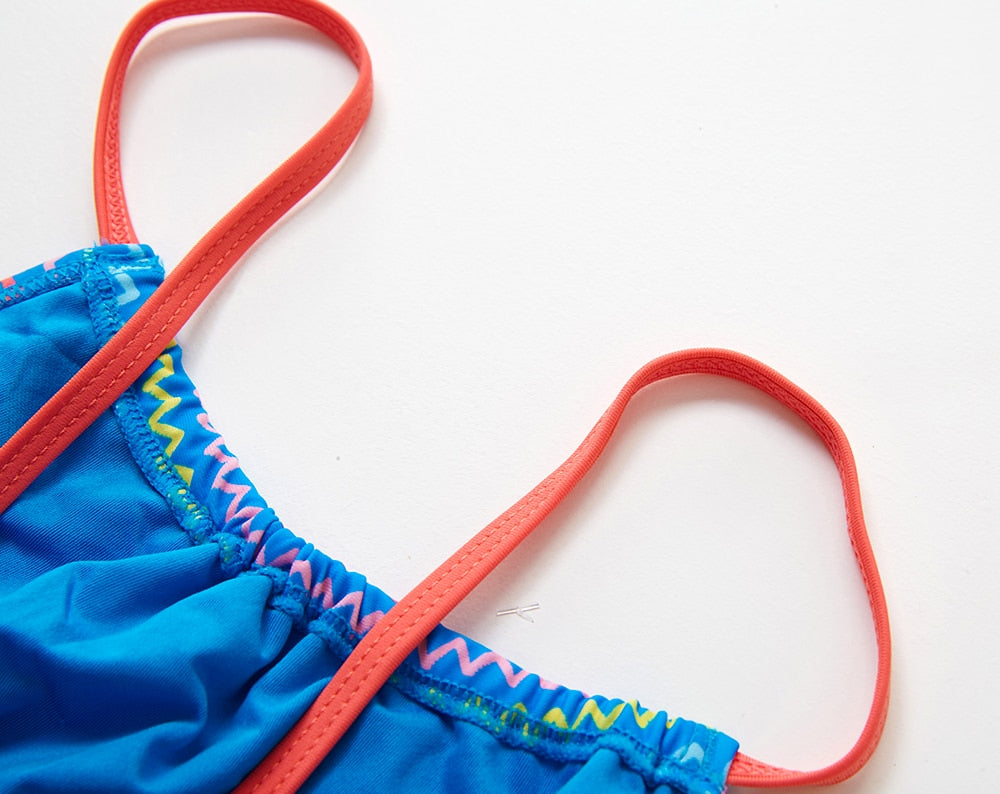 Kids Girls One Piece Striped Hanging Neck Blue Celebrity Style Swimwear