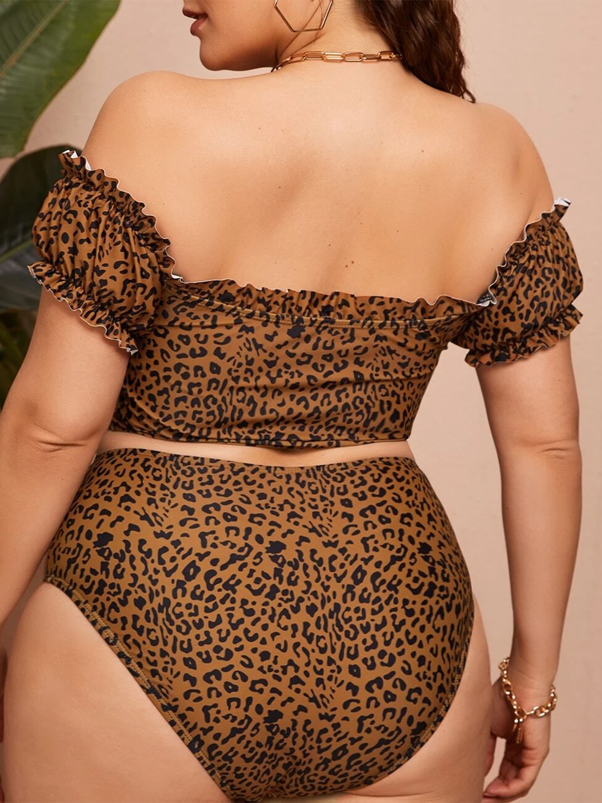Women Plus Leopard Ruched Off Shoulder Bikini High Waist Swimsuit