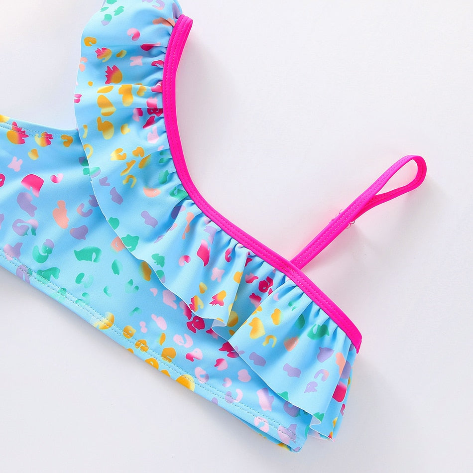 Kids Girls Ruffle Summer Swimwear With One Shoulder Stripe New Fashion Bikini Suits