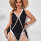 Women Plus Size Beach Cover Up Crochet Tassel V-neck Halter Beach Dress