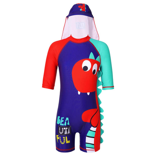 Kids Boys Cartoon Shark Dinosaur Print One-piece Swimming Jumpsuit Zipper  Beach Sun Protection Swim Hat
