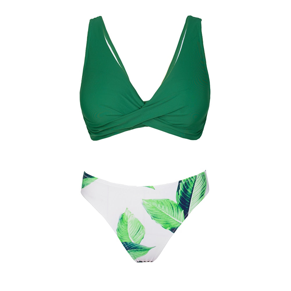 Women  Low Waist Green Leafy Tie Back Two Pieces Summer Swimwear