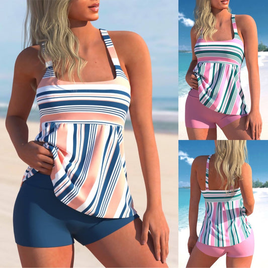 Womens Summer Push Up Striped Print Plus Size Tankini Swimsuit
