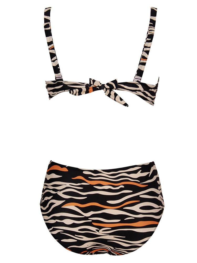 Women Zebra Print High Waist V-Neck Push Up Bathing Swimwear Bikini Set