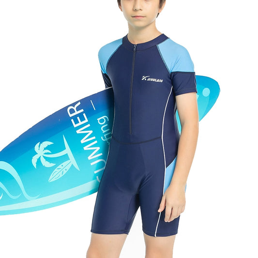 Boys Patchwork Zip Front Short Sleeves Kids Boys Athletic One Piece Sport Swimsuit