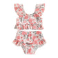Baby Girls Two-Piece Suit Flower Head Print Swimwear Fly Sleeve Ruffled Vest+Swim  Kids Beachwear