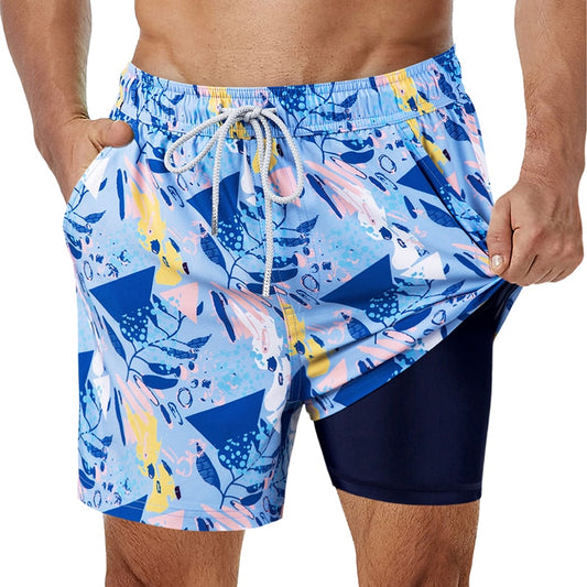 Mens Swim Trunks with Compression Liner Stretch Beach Shorts