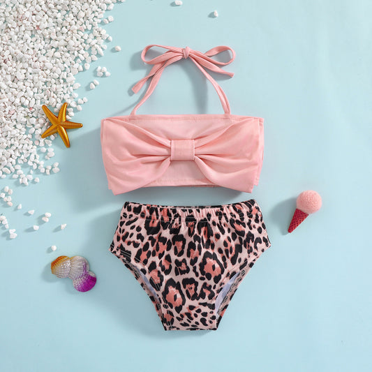 Kids Girl Two-piece Swimsuits Bowknot Halter Crop Tops+Leopard Shorts Fashion Baby Swimwear Beachwear 0-3Years