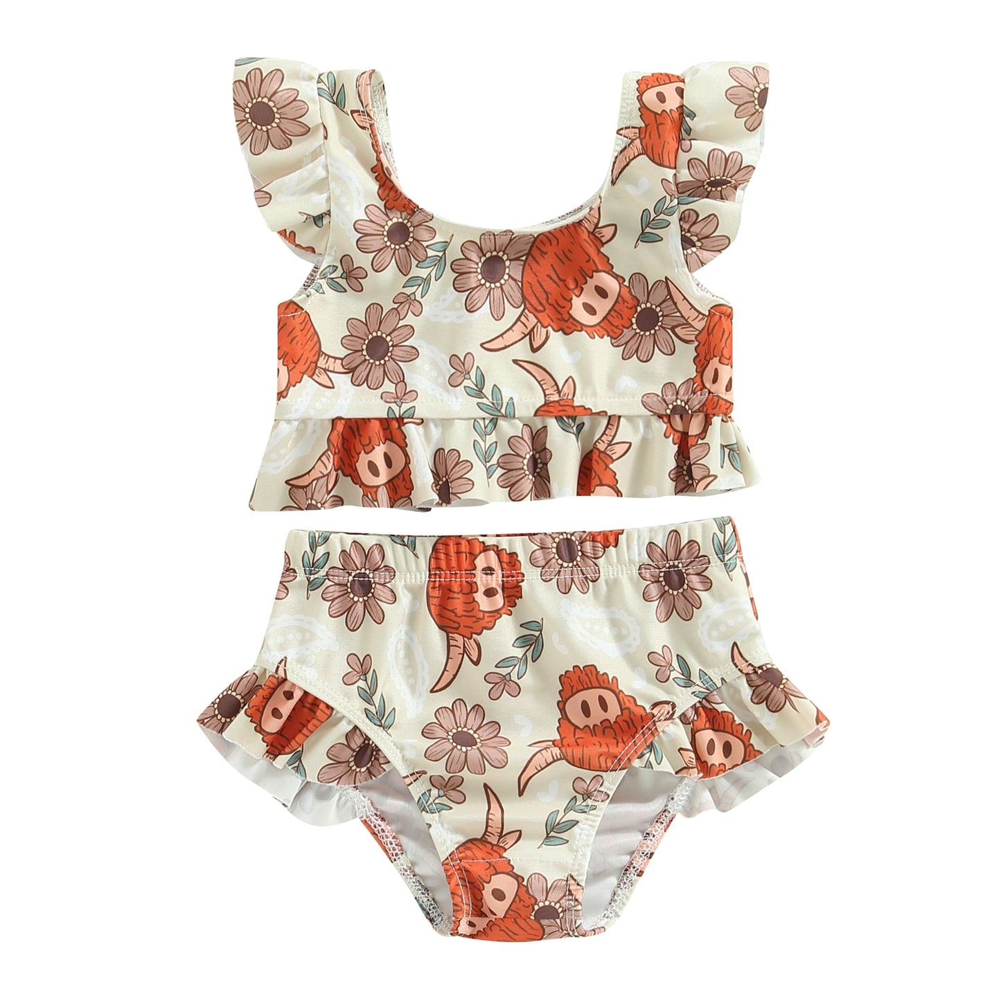 Baby Girls Two-Piece Suit Flower Head Print Swimwear Fly Sleeve Ruffled Vest+Swim  Kids Beachwear