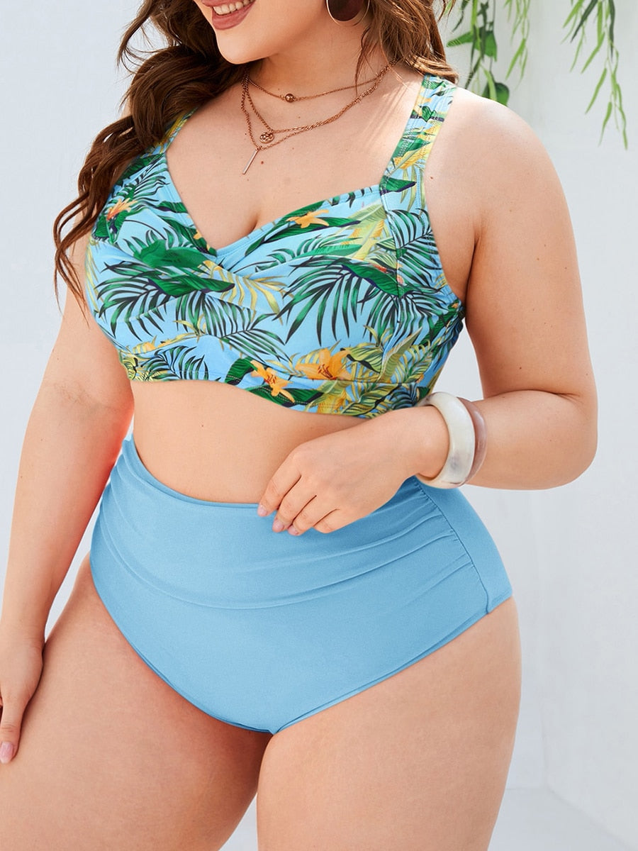 Tropical Print Underwire Swimsuit Women Plus Size Swimwear Female High Waist Bathers Bathing Swimming Suit Summer Beachwear