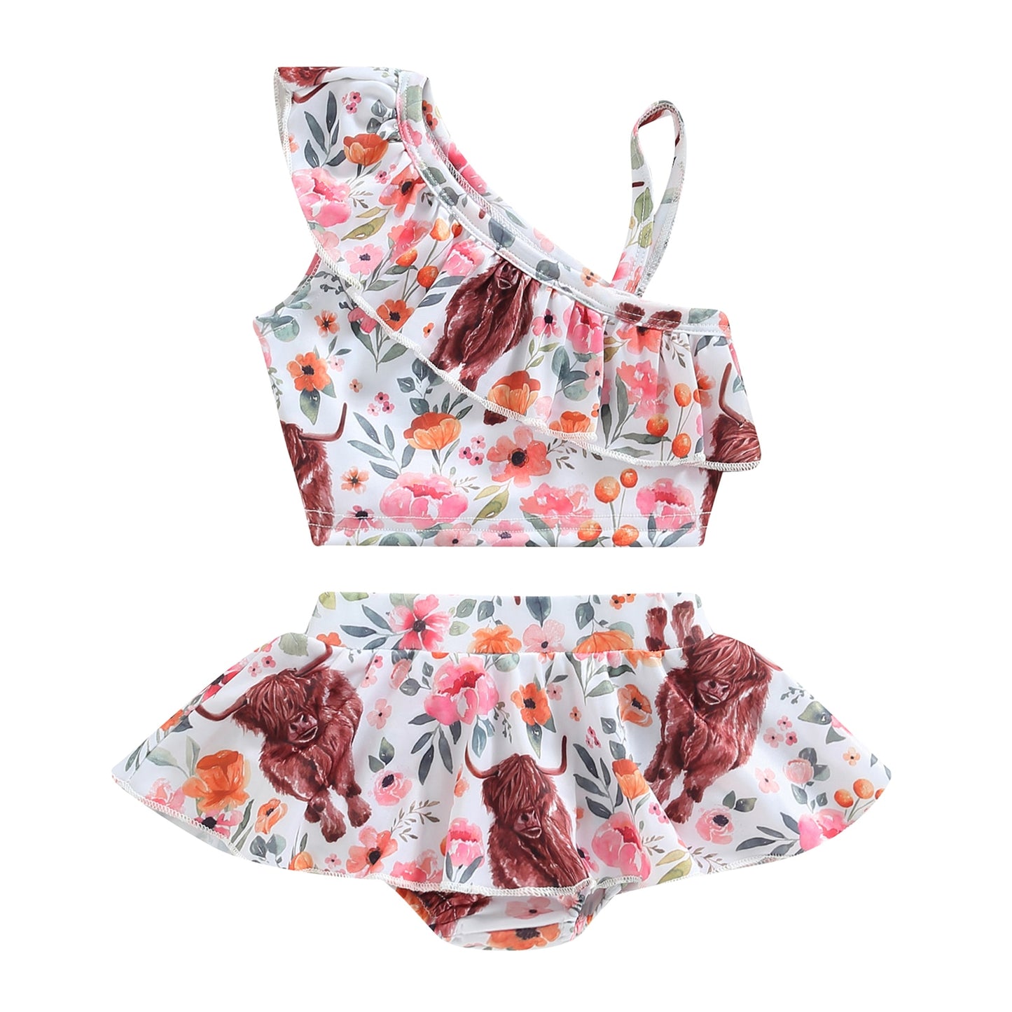 Baby Girls Summer One Shoulder Floral Printed Two-Piece Swimming Suits