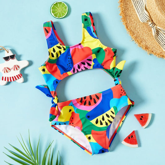 Kids Girls Swimwear with Bow Watermelon Pattern One-piece Swimsuit for 3yrs To 6yrs Children Bathing Suit
