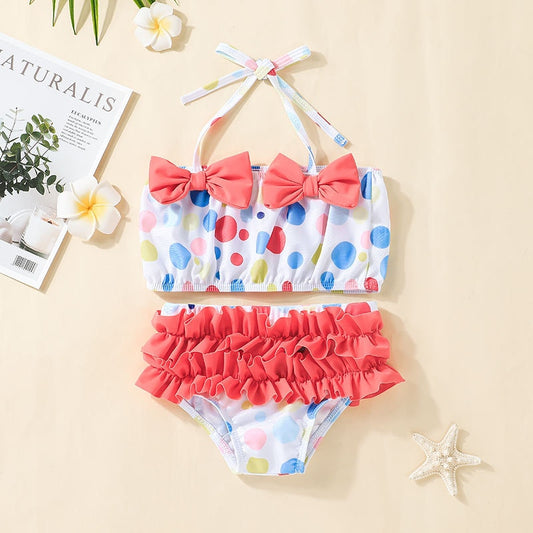 Baby Girl Swimwear Dots Print Two Piece Bathing Suit Lovely Toddlers Baby Bow Halter Crop Tops+Ruffle Shorts Beachwear
