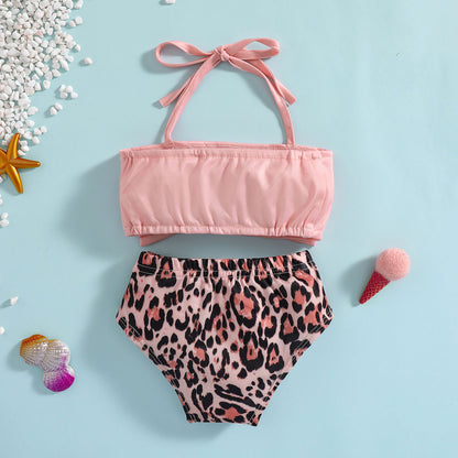 Girls Swimwear Halter Bowknot Leopard Two Piece Toddler Beachwear Kids Swimsuit