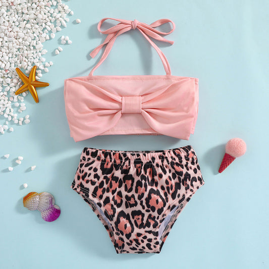 Girls Swimwear Halter Bowknot Leopard Two Piece Toddler Beachwear Kids Swimsuit