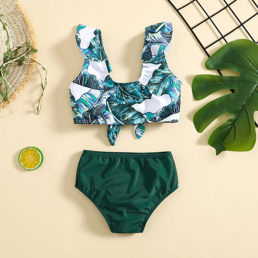 Kids Girls 2 Piece Summer Swimsuits Plants Print Beachwear