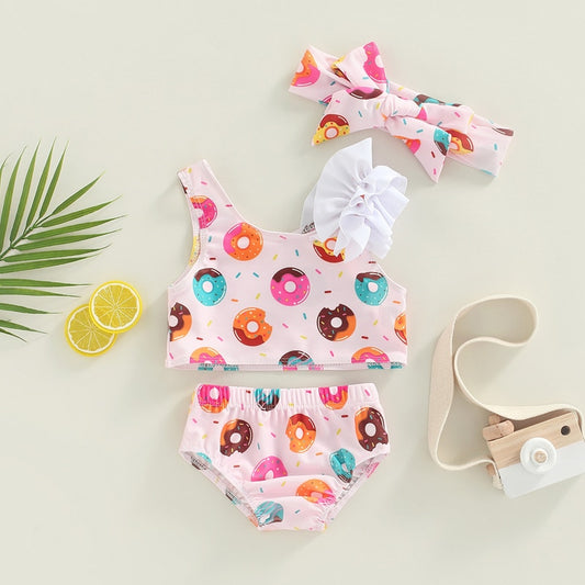 Baby Girls Swimwear Baby Bikini Sets 3Pcs Summer Doughnut Print Ruffle Straps Toddler Swimsuits Baby Beachwear