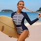 Women Striped Long Sleeve Rash Guard One Piece Swimsuit Front Zip Up Swimwear Bathing Suits