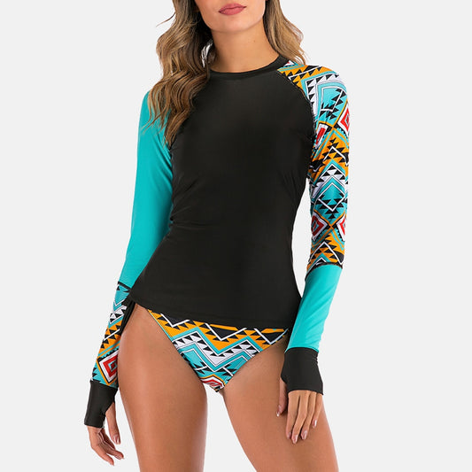 Women Split Two Piece Long Sleeve Striped Rash Guard Surf Swimsuit