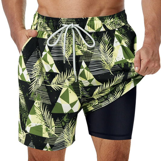 Mens 2 in 1 Swim Trunks with Liner Stretch Running Sport Shorts Quick Dry Swim Beach Shorts with Pockets