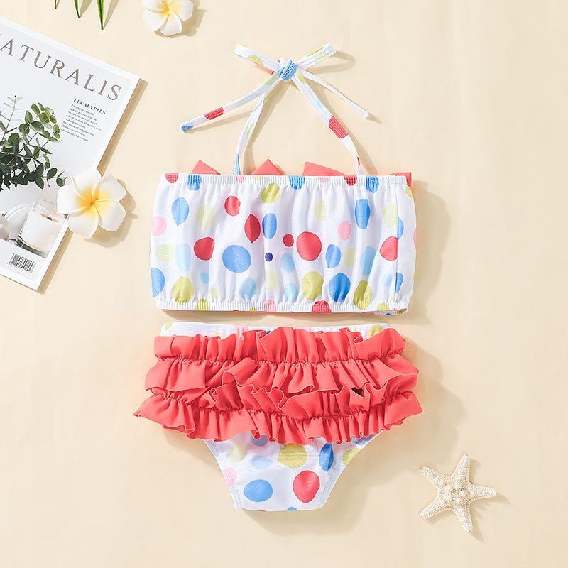 Baby Girl Swimwear Dots Print Two Piece Bathing Suit Lovely Toddlers Baby Bow Halter Crop Tops+Ruffle Shorts Beachwear