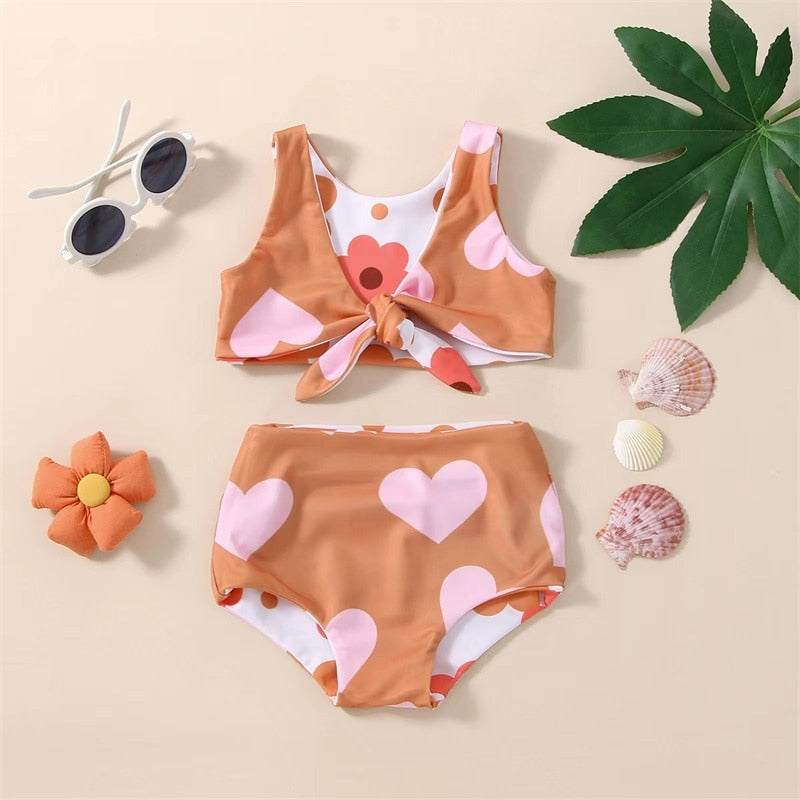 Baby Girl Summer Two-Pieces Swimsuits Lovely Flower & Heart Print Swimwear