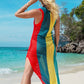 Women Striped Hollow Out Knitted Vest Beach Cover Up Side Split Sleeveless Summer Beachwear