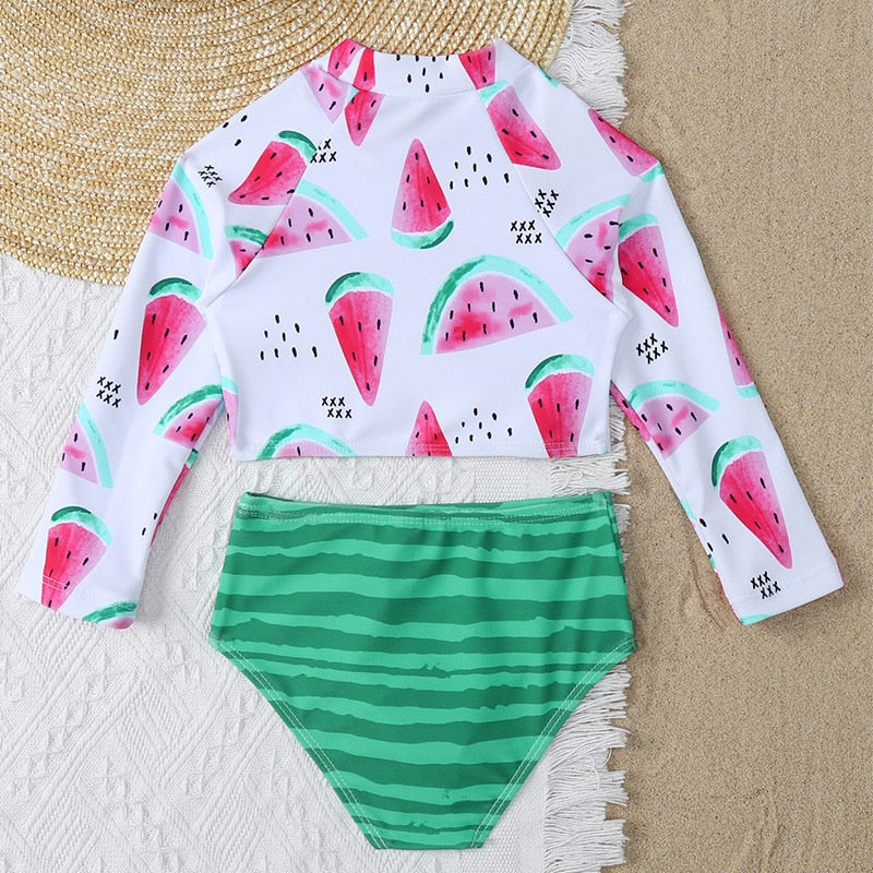 Kids Girl Long Sleeves High Waist Bikini Rash Guard Sunscreen Swimsuit Watermelon Children