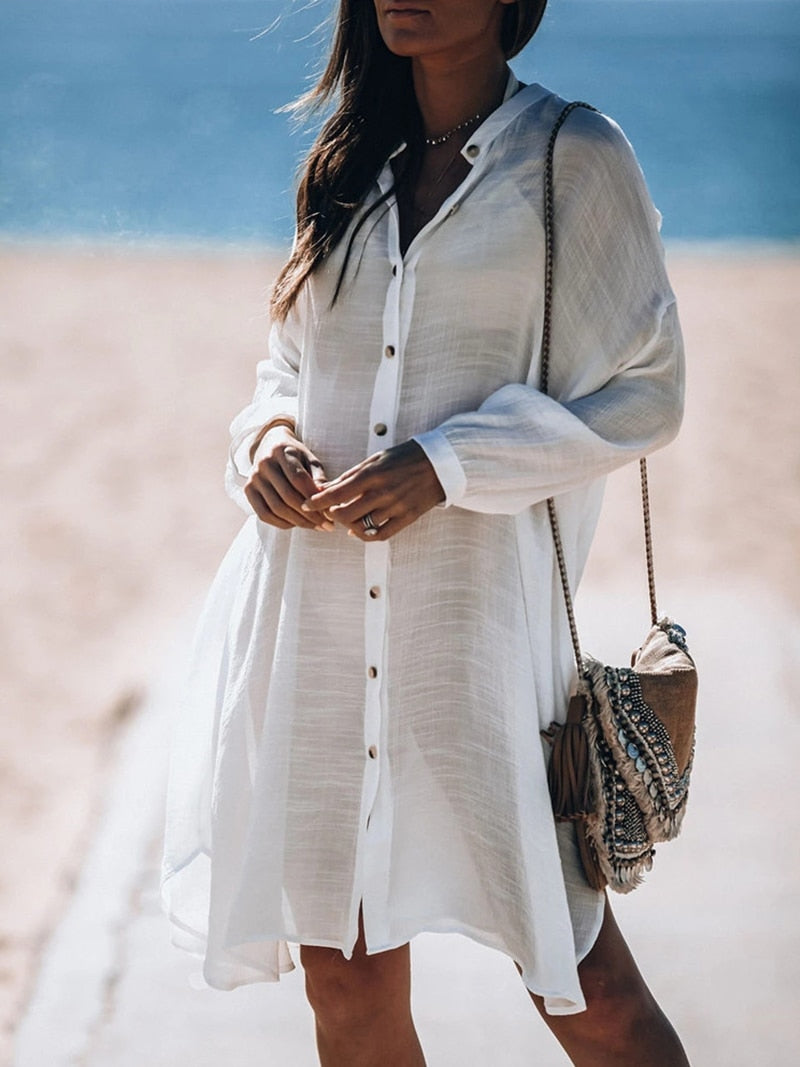Women Bikini Cover-Ups Elegant Hollow Out Deep Summer Beach Dress White Cotton Tunic Women Beach Wear Cover Up