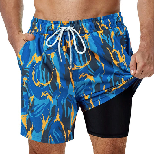 Mens Swimming Trunks with Compression Liner 4 Way Stretch Running Workout Shorts