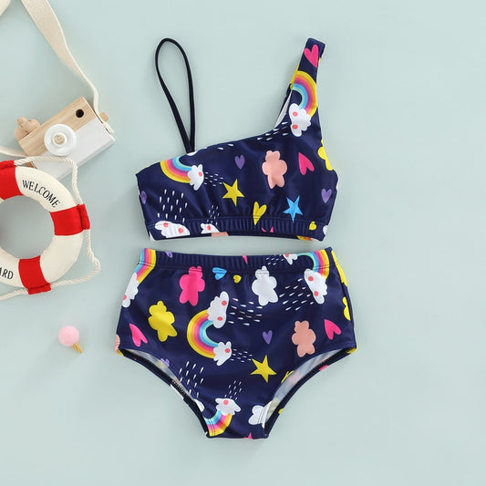 Kids Girls Swimwear Summer Rainbow Print Two Piece Bikini Set