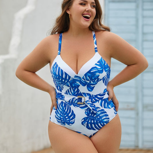 Women Swimwear Plus Size White With Blue Leaves Print Swimsuit