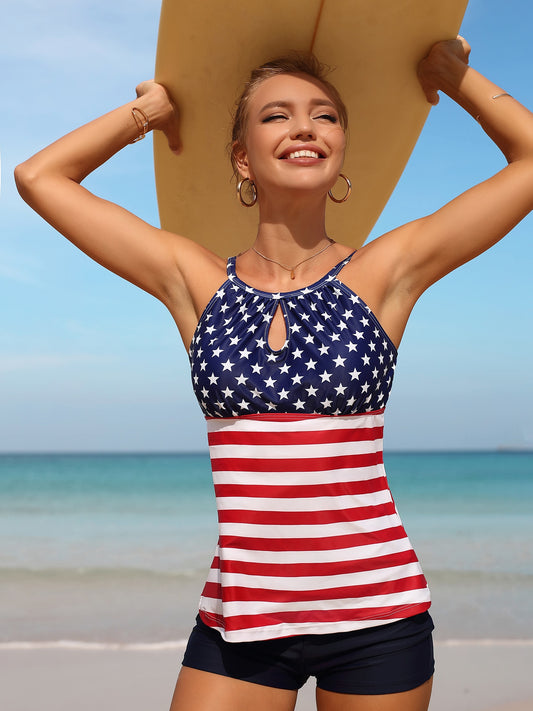 Women Two Pieces Tankini Set For Women Hollow Out V Neck Flag Print Swimsuit