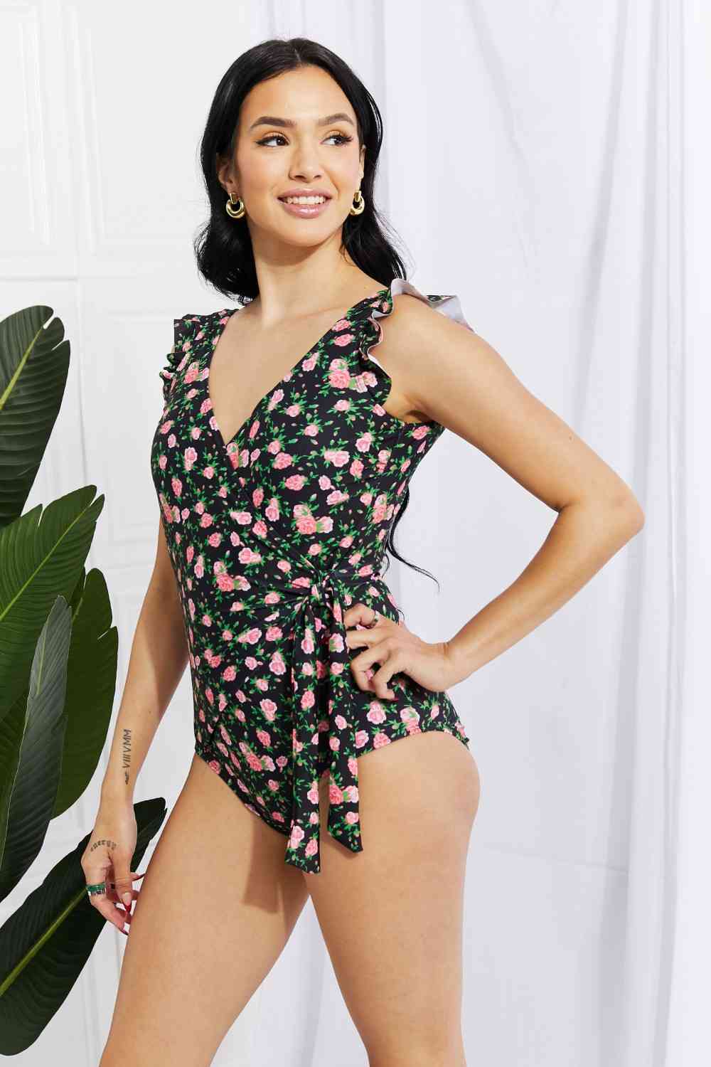 Women's Marina West Swim Full Size Float On Ruffle Faux Wrap One-Piece in Floral